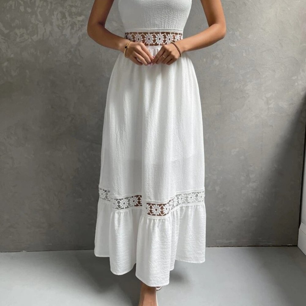 White Lace Insert Ruffle Hem Dress - Picture 5 of 6